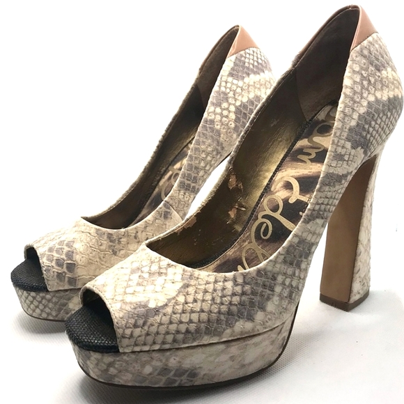 Sam Edelman 'Tacoma' Snake Embossed Genuine Leather Chunky Peeptoe Heels Sz. 8 - Picture 5 of 12